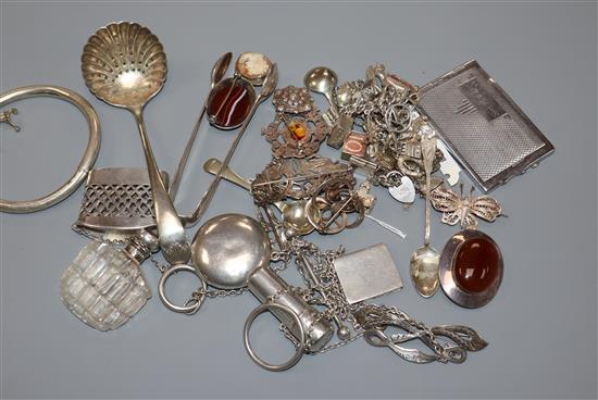 A collection of mixed silver/white metal/plate including George V chatelaine. charm bracelet, brooches etc.